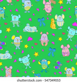 Seamless pattern with funny cartoon mouses on a green background