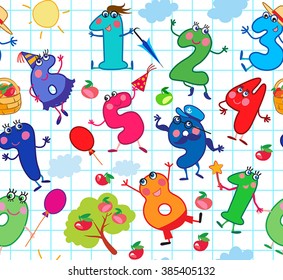 seamless pattern with  funny cartoon numbers on checkered sheet vector background