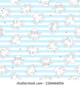 Seamless pattern with funny cartoon octopuses and hearts on a striped background. Kids Illustration in Vector.
