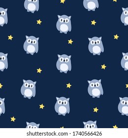Seamless pattern of funny cartoon owl and stars. Dark blue background. Vector.