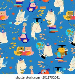 Seamless Pattern with Funny Cartoon Owls with Unicorns preparing Back to School