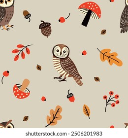 Seamless pattern with funny cartoon owls and cute cartoon mushrooms, seamless print for kids fabric, textile, wallpaper, card background