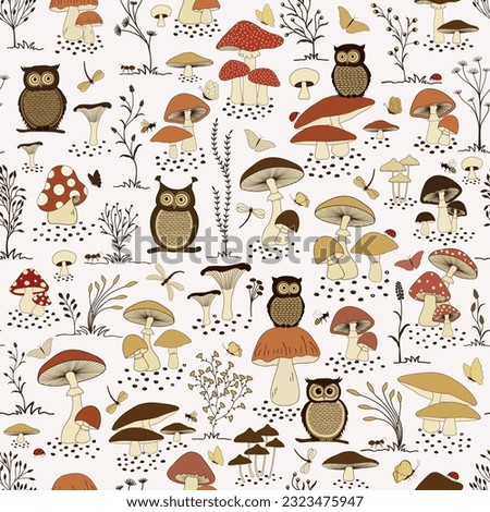 Seamless pattern with funny cartoon owls and  cute cartoon mushrooms on white background