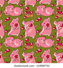 Seamless pattern - funny cartoon  pigs with apples