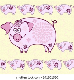 Seamless pattern - funny cartoon pigs
