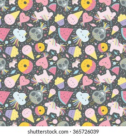 Seamless pattern with funny cartoon pinatas characters - unicorn, heart, donut, watermelon, ice cream, cloud, Day of the Dead sugar scull