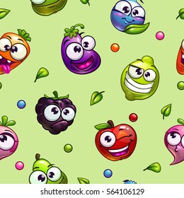 Seamless pattern with funny cartoon plant characters. Vector comic texture.