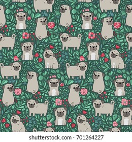 Seamless pattern with funny cartoon pugs dog and flowers. Tile background for your design, fabric textile, wallpaper or wrapping paper. Pet animals and plants.