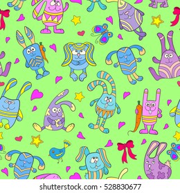 Seamless pattern with funny cartoon rabbits on a green background