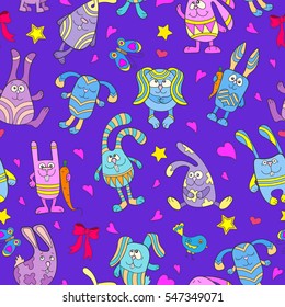 Seamless pattern with funny cartoon rabbits on a blue background