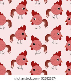 Seamless pattern with funny cartoon red roosters on the pale pink background