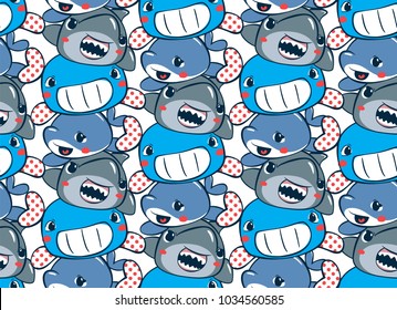 Seamless pattern, Funny cartoon sea animals with whale, shark and dolphin on white background illustration vector.