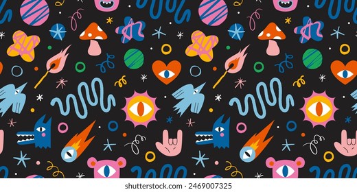 Seamless pattern with funny cartoon shapes and characters like bird, monsters, curves and stars. Trendy modern vector illustration on black background, hand drawn, textured effect, flat design