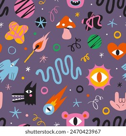 Seamless pattern with funny cartoon shapes and characters like bird, monsters, curves and stars. Trendy modern vector illustration on purple background, hand drawn, textured effect, flat design