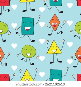 Seamless pattern with funny cartoon shapes. Blue background.