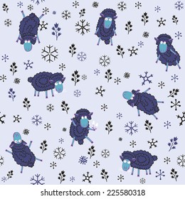 seamless pattern with funny cartoon sheep and snowflakes. Cute illustration for kids.
