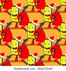 seamless pattern funny cartoon smartphone with a bag of Christmas gifts on a white isolated background. Vector image eps 10
