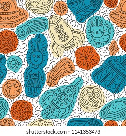 Seamless pattern with funny cartoon spaceships, stars, planets and aliens on splash background