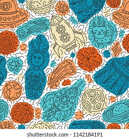 Seamless pattern with funny cartoon spaceships, stars, planets and aliens on splash background