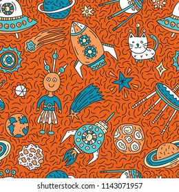 Seamless pattern with funny cartoon spaceships, stars, planets and aliens