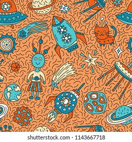 Seamless pattern with funny cartoon spaceships, stars, planets and aliens