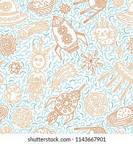 Seamless pattern with funny cartoon spaceships, stars, planets and aliens