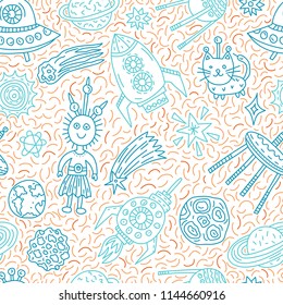 Seamless pattern with funny cartoon spaceships, stars, planets and aliens