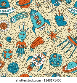Seamless pattern with funny cartoon spaceships, stars, planets and aliens