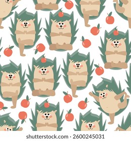 Seamless pattern funny cartoon sporty hedgehogs doing yoga with apples - vector background for fabric design, packaging, wallpaper