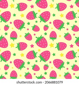 Seamless pattern with funny cartoon strawberries. Positive summer background in pink tones. Print for textile, gift wrap, clothes, interior, design and decor. Trendy summer pattern. 