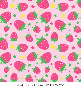 Seamless pattern with funny cartoon strawberries. Positive summer background in pink tones. Print for textile, gift wrap, clothes, interior, design and decor. Trendy summer pattern. 