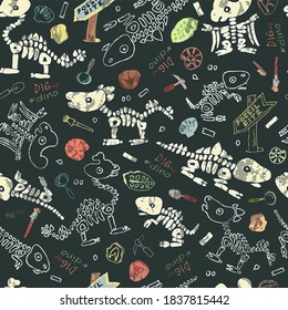 Seamless pattern with funny cartoon style dino skeletons suitable for backgrounds and textile