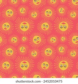 seamless pattern with funny cartoon sun on a orange background