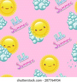 Seamless pattern of funny cartoon sun with different emotions.
