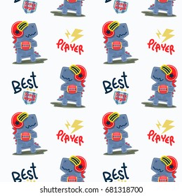 Seamless pattern, Funny cartoon t-rex american football player wearing a helmet and holding a ball in field isolated on white background illustration vector, design for kids t-shirt.