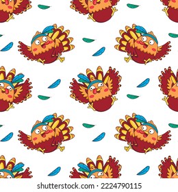 Seamless pattern with funny cartoon turkeys aboriginal indians in headbands with feathers