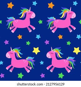 Seamless pattern with funny cartoon unicorn. Cute background. Magical and fairy tale animal. Print for nursery wallpaper, textile, clothes, wrapping paper, design and decor. 