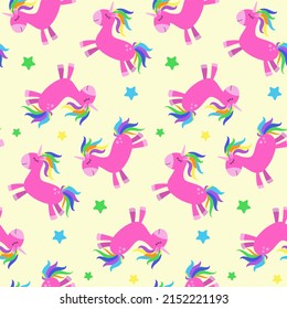 Seamless pattern with funny cartoon unicorn. Cute background. Magical and fairy tale animal. Print for nursery wallpaper, textile, clothes, wrapping paper, design and decor. 