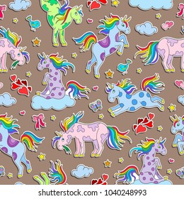Seamless pattern with funny cartoon unicorns, hearts and stars color sticker icons on brown  background