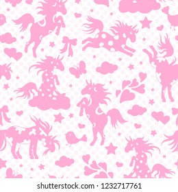 Seamless pattern with funny cartoon unicorns, hearts and stars , pink  silhouette icons on white polka dot background