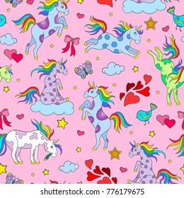 Seamless pattern with funny cartoon unicorns, hearts and stars color icons on pink background