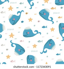 Seamless pattern with funny cartoon whales with small fishes on a white background. Vector sea illustration for kids. Child drawing style. Design for fabric or decor.