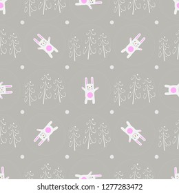 Seamless pattern funny cartoon white rabbit in the forest