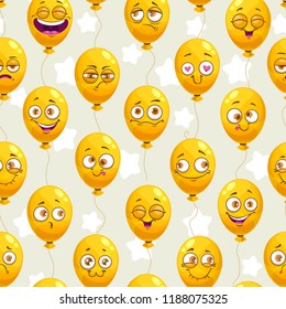 Seamless pattern with funny cartoon yellow balloons. Emoji faces texture. Cute childish background. Vector illustration.