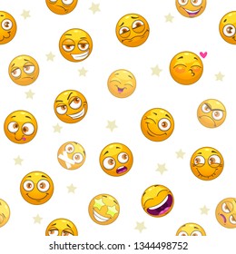 Seamless pattern with funny cartoon yellow emoji faces. Childish vector texture.