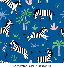 Seamless pattern with funny cartoon zebras