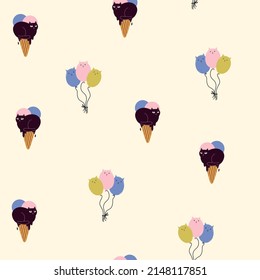 Seamless pattern with funny cat and balloons. Cartoon illustration for fabric, textile, wrapping, background, wallpaper