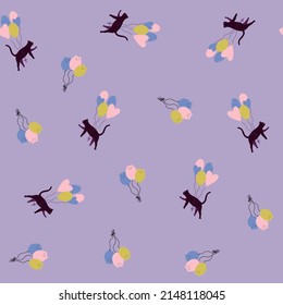 Seamless pattern with funny cat and balloons. Cartoon illustration for fabric, textile, wrapping, background, wallpaper