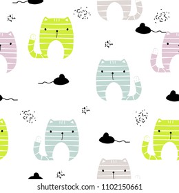 Seamless pattern with funny cat and black mouse. Vector hand drawn illustration.