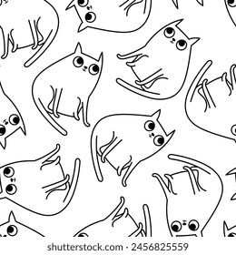 Seamless pattern with funny cat. Black and white illustration with adorable kitten. Vector background for your fabric, textile design.